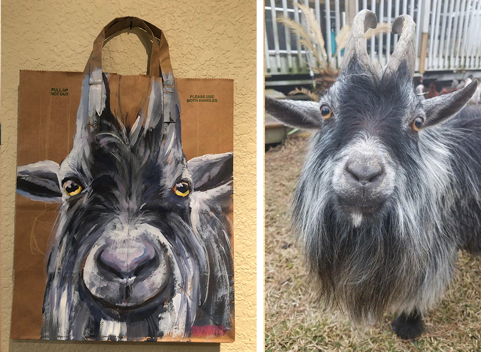Pygmy Goat pet portrait painting on paper bag